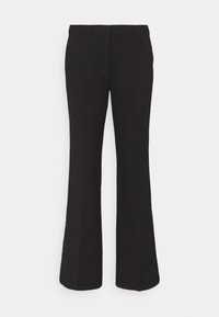 Zwarte flarebroeken met een gladde textuur, een getailleerd ontwerp en een taille van gemiddeld hoogte, voorzien van een nette afwerking en minimalistische hardware.