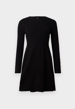 Robe tricotée noire à manches longues avec un buste supérieur côtelé, une jupe évasée et de petits boutons en perles sur les poignets.