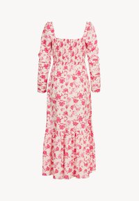 Floral midi-jurk in lichtroze met donkerroze bloemenpatronen. Beschikt over geplooide lange mouwen en een smocked lijfje. Gerimpelde zoom.
