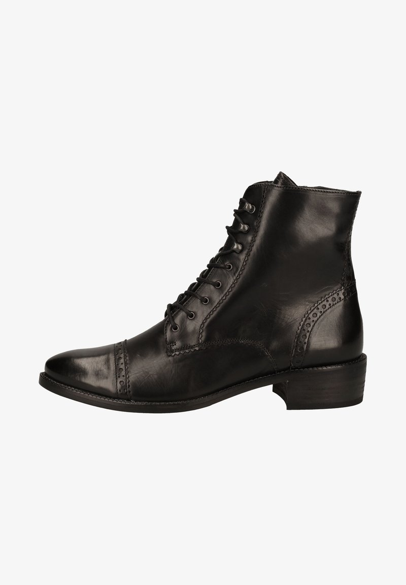 Stivali ankle in pelle nera con punta rotonda, design con lacci e accenti perforati decorativi sui lati e sul retro. Tacco basso.