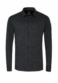 Schwarzes Langarmshirt mit einem strukturierten geometrischen Muster, Knopfverschluss und Kragen. Aus weichem Stoff mit modernem Schnitt gefertigt.