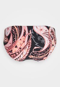 Parte inferior de biquíni preta com um padrão floral e paisley colorido em tons de rosa, laranja e branco. Design de tecido liso e elástico.