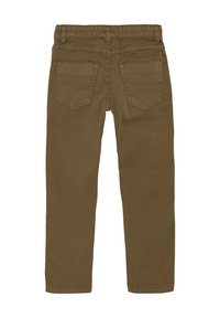 Bruine katoenen broek met een rechte pijp, elastische tailleband en twee achterzakken met een subtiele gestructureerde afwerking.