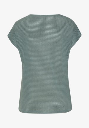 Kurzärmeliges Strickoberteil mit strukturierter Waffelmusterung in gedämpftem Blau-Grau, von hinten gezeigt.