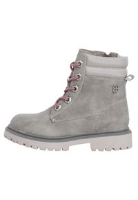 Gray suede ankle boots with light gray rubber sole, pink laces, and metal eyelets. Features padded collar and logo accent on side.