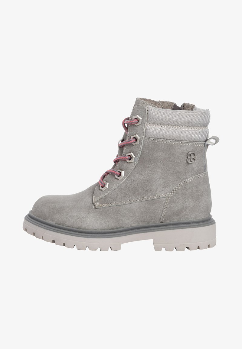 Gray suede ankle boots with light gray rubber sole, pink laces, and metal eyelets. Features padded collar and logo accent on side.