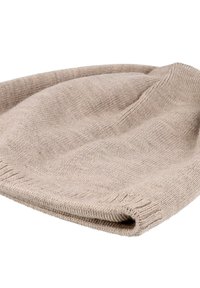 Beige knitted beanie hat with a soft texture, featuring a snug fit and subtle ribbed detailing along the edge.