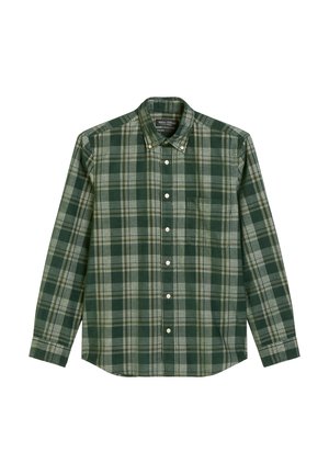 Groene geruite overhemdd met een zachte stof, voorzien van een kraag, lange mouwen en een enkele borstzak met witte knopen.