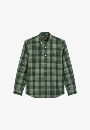 Groene geruite overhemdd met een zachte stof, voorzien van een kraag, lange mouwen en een enkele borstzak met witte knopen.