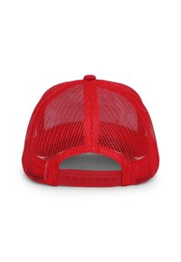 Cappellino rosso in rete con una parte anteriore strutturata, chiusura regolabile con fibbia in plastica e design traspirante. Retro completamente in rete per una buona ventilazione.