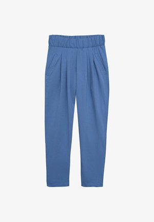 Niebieskie, lekkie spodnie z elastycznym pasem o luźnym kroju, z dwoma bocznymi kieszeniami i plisowanym przodem.