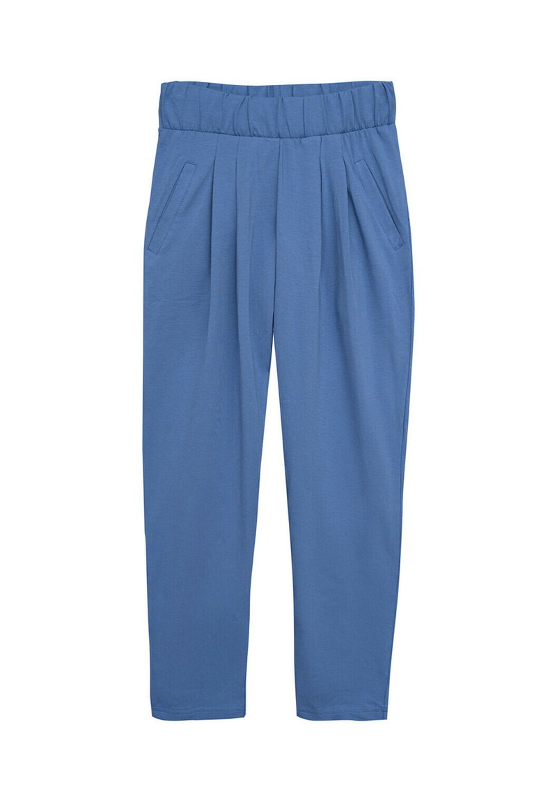 Niebieskie, lekkie spodnie z elastycznym pasem o luźnym kroju, z dwoma bocznymi kieszeniami i plisowanym przodem.