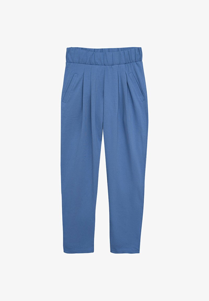 Niebieskie, lekkie spodnie z elastycznym pasem o luźnym kroju, z dwoma bocznymi kieszeniami i plisowanym przodem.
