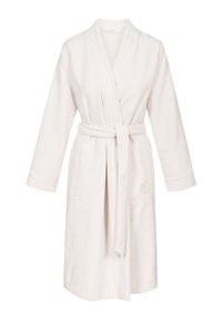 Bademantel aus weichem, cremefarbenem Stoff mit Bindegürtel, langen Ärmeln, zwei Taschen und einem auf der linken Seite gestickten Logo.