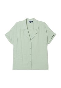 Korte mouw, knoopsluiting overhemd in lichtgroen met een textuurpatroon. Voorzien van een klassieke kraag en een ontspannen pasvorm.