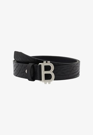 Black textured leather belt rolled up with a silver buckle shaped like the Bitcoin symbol.