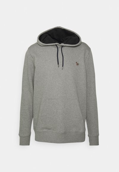 Felpa grigia con interno nero, coulisse e tasca frontale. Presenta un piccolo logo colorato sul petto. Tessuto morbido.