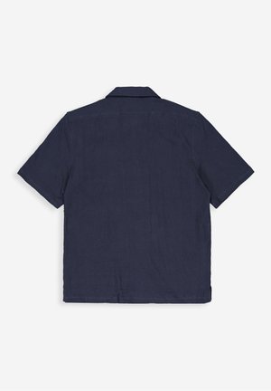 Kurzärmliges, kragenloses Hemd in Marineblau, aus strukturiertem Stoff. Verfügt über einen geraden Saum und einfache Nähte entlang der Schultern.
