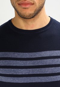 Pull bleu marine avec des rayures horizontales bleu clair, col rond et tissu en tricot texturé. Coutures visibles et col côtelé en accent.