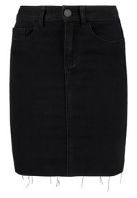Falda de mezclilla negra con un diseño ajustado, estilo de cinco bolsillos y dobladillo sin acabar. Presenta un cierre de botón metálico y passadores para cinturón.
