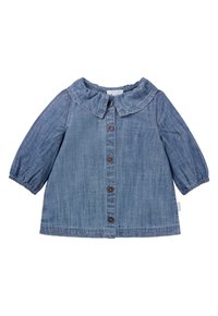 Denimkleid in Hellblau mit rundem Kragen, langen Puffärmeln und braunen Knöpfen auf der Vorderseite. Weicher, strukturierter Stoff.