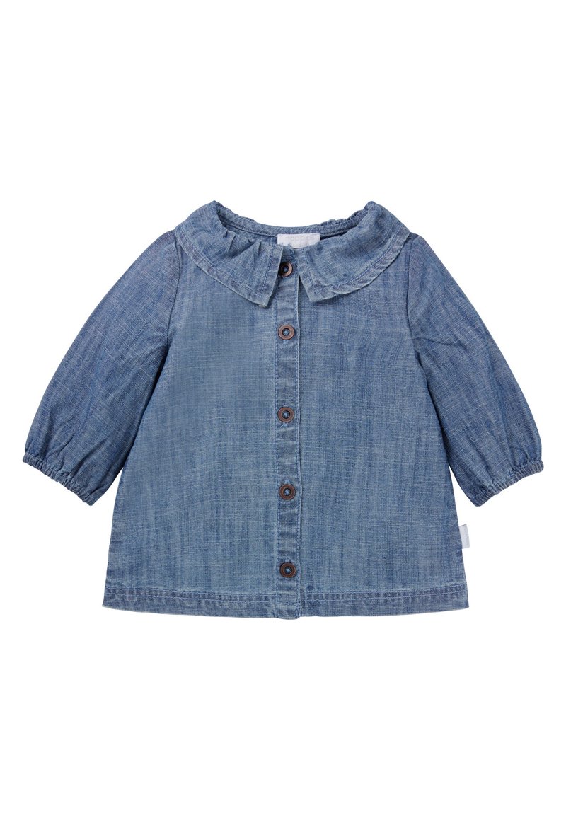 Denimkleid in Hellblau mit rundem Kragen, langen Puffärmeln und braunen Knöpfen auf der Vorderseite. Weicher, strukturierter Stoff.