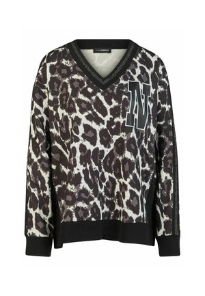 Langärmeliger V-Ausschnitt-Pullover mit schwarz-weißem Leopardenmuster, schwarzen Bündchen, Saum und einem großen schwarz-weißen "N" auf der Brust.