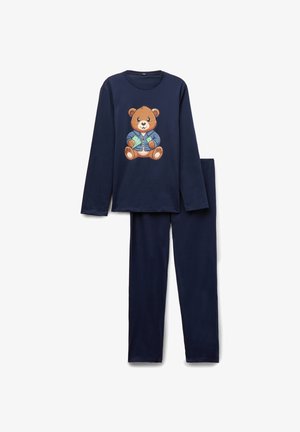 Marineblaues Schlafanzugsset mit einem Langarmoberteil, das ein Cartoon-Bärenmotiv zeigt. Aus weichem Stoff, mit passenden Hosen. Einfaches, gemütliches Design.