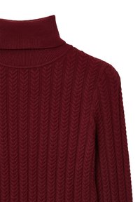 Burgunderfarbener Kabelstrick-Turtleneck-Pullover mit geripptem Kragen und strukturiertem vertikalem Muster aus weichem Strickstoff.