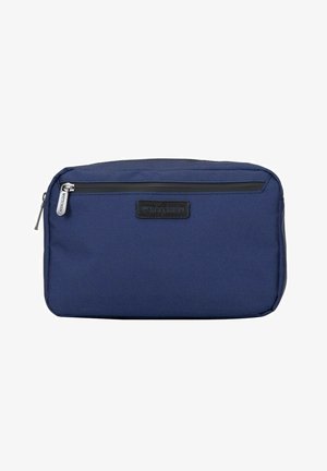 Marineblaue rechteckige Tasche aus strapazierfähigem Material, mit einem Lederlogo-Patch und einem glatten Reißverschluss mit einem silbernen Zipper.