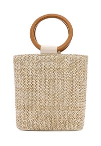 Borse in paglia intrecciata con tonalità beige e crema; presenta un manico circolare in legno e un accento in pelle sulla parte superiore.