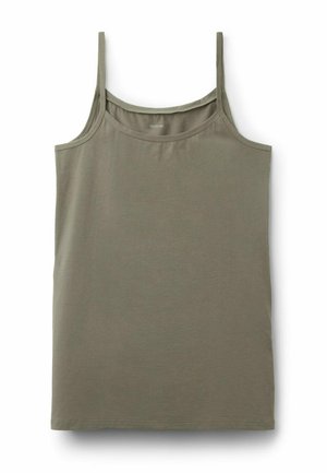 Débardeur vert olive en tissu doux, avec des bretelles fines, un col rond et une coupe décontractée, avec un ourlet droit en bas.
