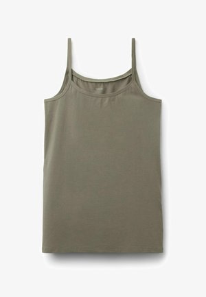 Olive green tank top made of soft fabric, featuring thin straps, a round neckline, and a relaxed fit, with a straight hem at the bottom.