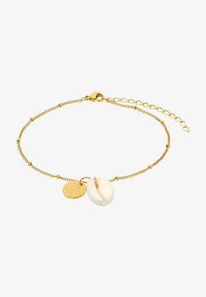 Armband aus goldfarbenem Metall mit charmantem weißen Muschelhänger und einem strukturierten runden Anhänger. Verstellbarer Karabinerverschluss mit einer Verlängerungskette.