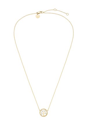 Delicata collana con catenina d'oro e ciondolo rotondo che presenta un piccolo motivo a albero decorato con pietre trasparenti.