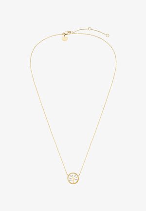 Collier délicat en chaîne d'or avec un pendentif rond présentant un petit motif d'arbre orné de pierres transparentes.