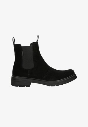 Schwarzer Chelsea-Stiefel aus Wildleder mit elastischen Seitenteilen, Zuglaschen vorne und hinten sowie einer klobigen Gummisohle.