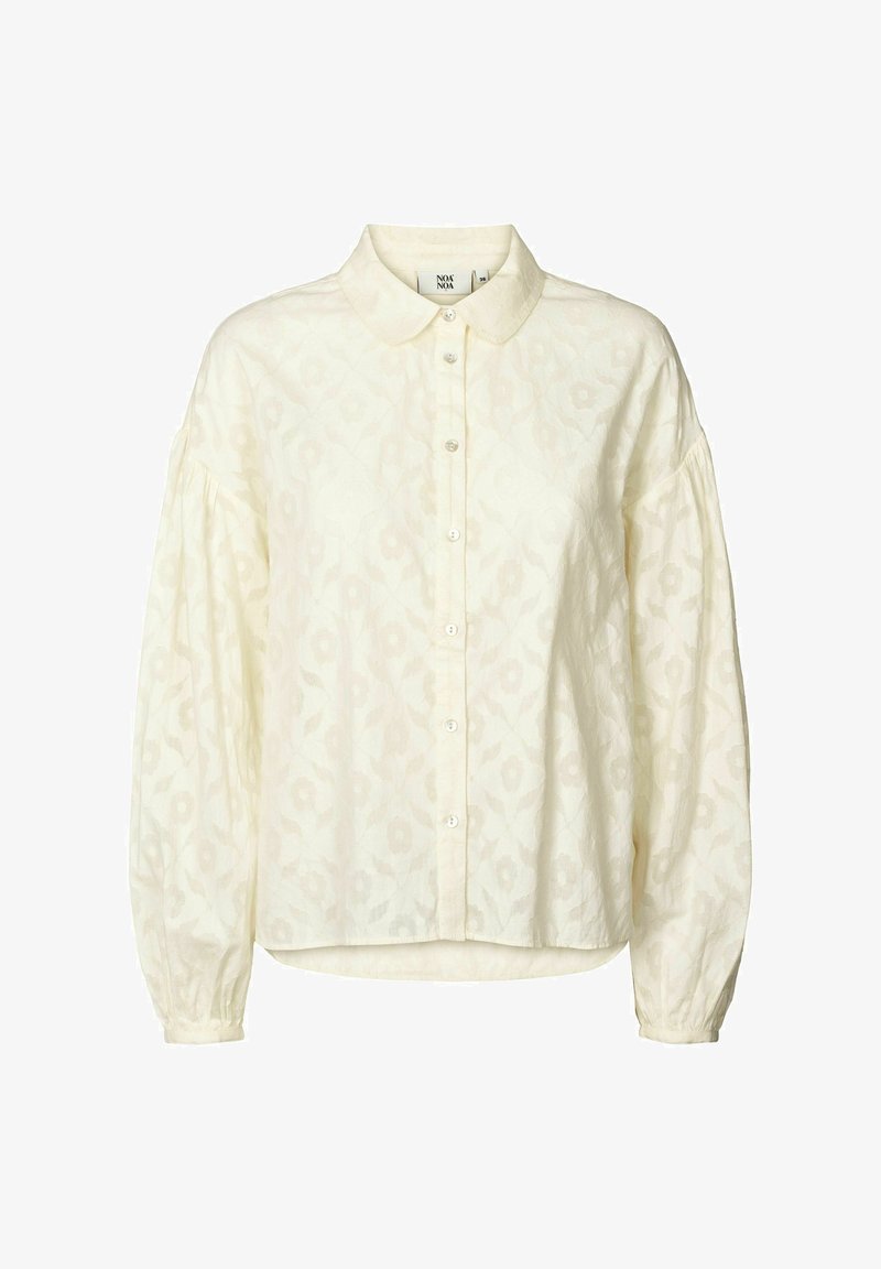 Crèmekleurige blouse met een kraag, gestructureerde stof, knopen aan de voorkant en puffige lange mouwen. Subtiel bloemenpatroon overal.
