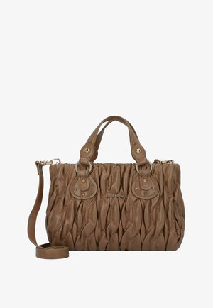 Sac à main en cuir matelassé marron avec doubles poignées supérieures, bandoulière amovible et garnitures argentées estampillées "Liu Jo" à l'avant.