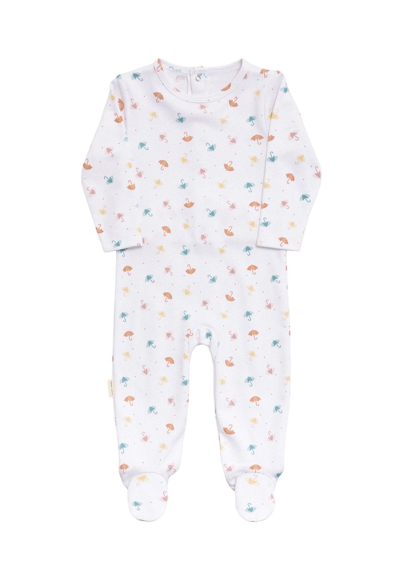 Romper blanco para bebé con un colorido patrón de pequeños paraguas en rosa, amarillo y azul. Diseño de mangas largas y pies. Tejido suave.