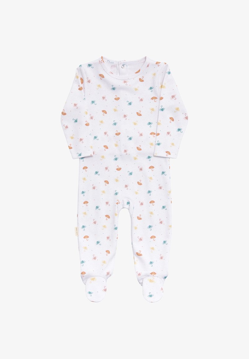 Romper blanco para bebé con un colorido patrón de pequeños paraguas en rosa, amarillo y azul. Diseño de mangas largas y pies. Tejido suave.