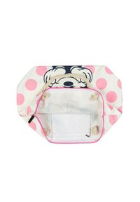 Multikleurige boodschappentas met grote roze stippen, voorzien van een witte binnenkant, bovenste touwhengsels en een ritscompartiment met een doorzichtig paneel.