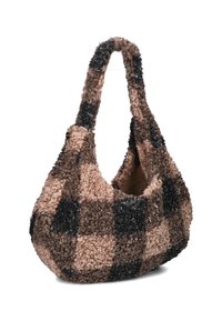 Tote bag met een gestructureerd, zacht oppervlak in een bruin en zwart ruitpatroon, met een brede schouderband en open bovenkant, die het zachte materiaal benadrukt.