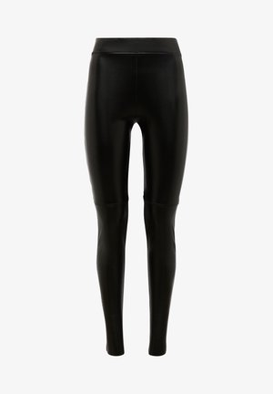 Sorte højtaljede leggings lavet af et glat, strækbart materiale. tætsiddende design med en glat, blank tekstur; minimale sømme og ingen mønstre.
