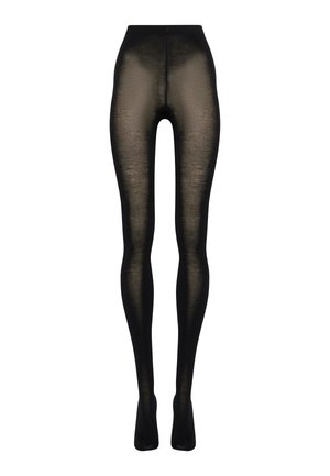 Schwarze, transparente Leggings mit glatter Textur und elastischem Bund, die ein enges Design aufweisen, das die Beine betont.