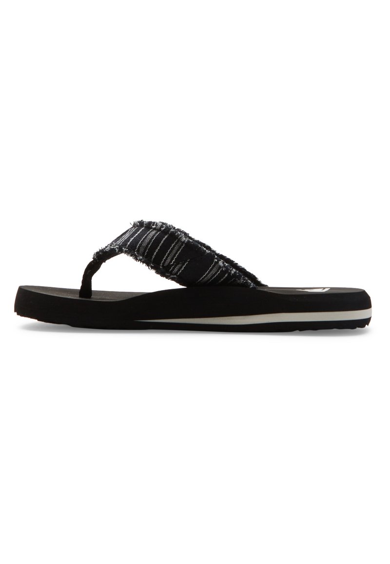 Sorte flip-flop sandaler med en tekstureret, stribet stofrem og en polstret gummisål med en hvid accentstribe.