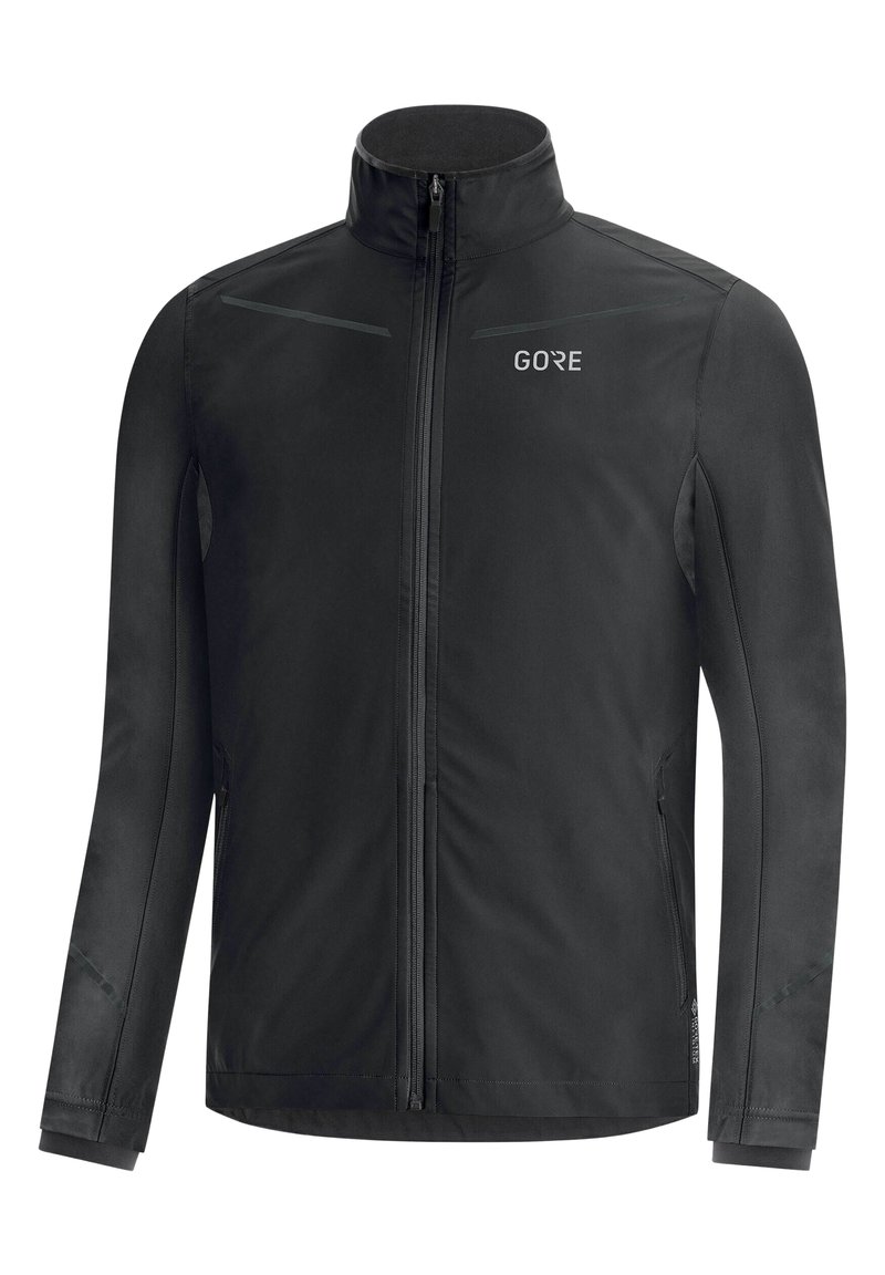 Schwarze Windbreaker-Jacke aus glattem Material, mit hohem Kragen, durchgehendem Reißverschluss und reflektierenden Akzenten an den Schultern.