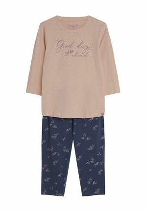 Jasnoróżowa długa bluzka z napisem "Przed nami dobre dni"; granatowe spodnie z białym kwiatowym wzorem; miękka bawełniana tkanina, luźny krój.