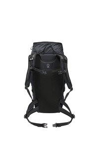 Zaino da trekking nero con spallacci imbottiti, pannello posteriore traspirante, cinghia toracica regolabile e cintura in vita, mostrato da dietro.