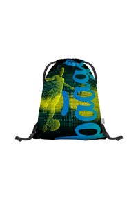 Zaino con cordoncino realizzato in tessuto, con una base nera decorata da motivi grafici blu, gialli e verdi, che includono illustrazioni a tema sportivo.